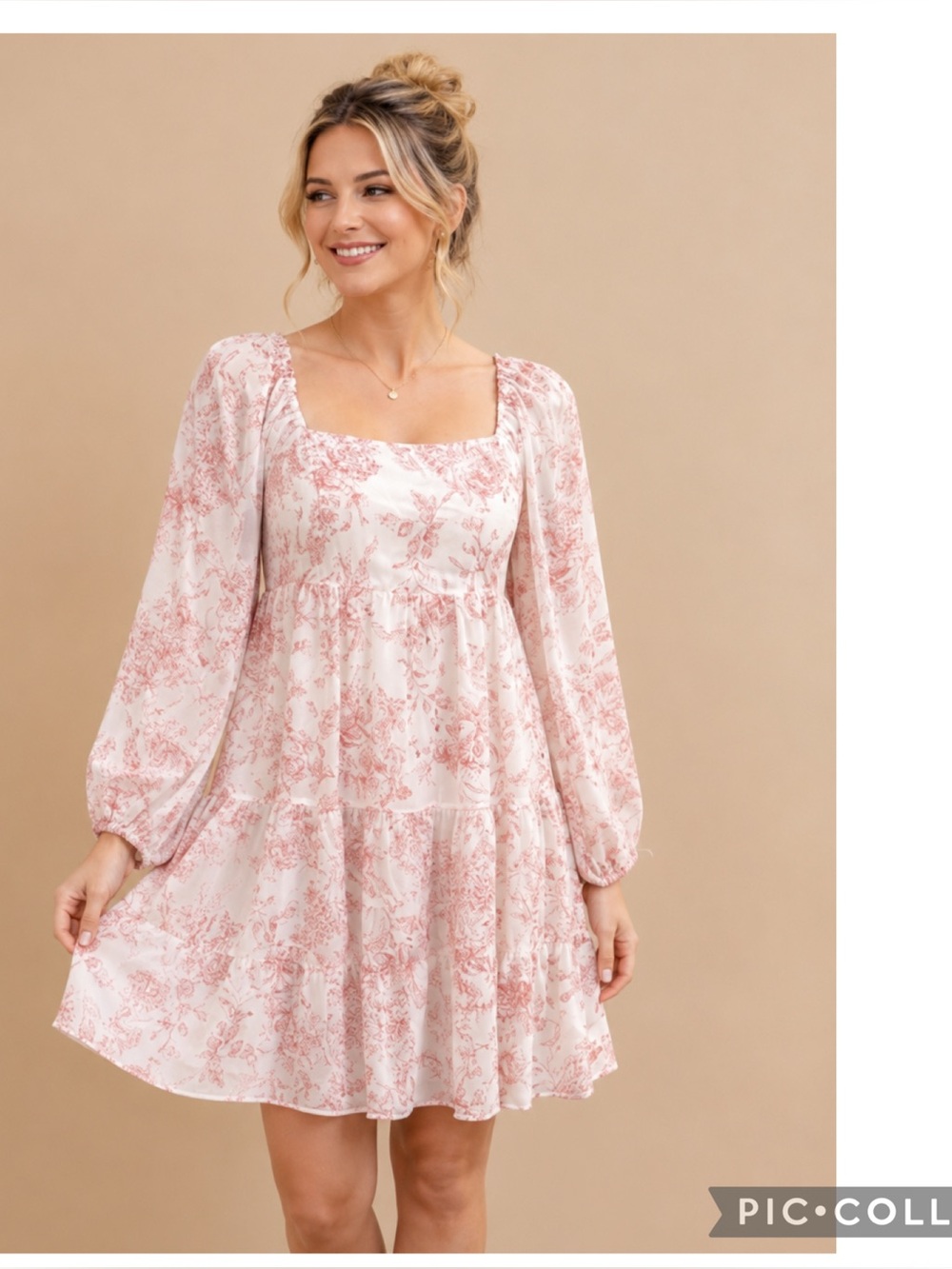 Lucy Paris Pink Toile Floral Mini Dress S Square Neck Puff Sleeve Tie Back